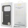 Opakowanie etui GUESS Saffiano Classic Logo MagSafe do Apple iPhone 17 Pro w kolorze czarnym, z widocznym logo GUESS na przodzie oraz napisem "NEVER STOP DREAMING!! Paul Marciano" na odwrocie. Na opakowaniu znajdują się również piktogramy przedstawiające 