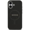 Czarne etui na telefon z widocznym logo "GUESS" na środku, posiada teksturę przypominającą skórę saffiano oraz okrągły wzór MagSafe. W lewym górnym rogu znajduje się wycięcie na aparat z dwoma obiektywami i lampą błyskową.