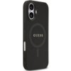 Czarne etui na telefon z widocznym logo "GUESS" na środku, posiada okrągły wzór sugerujący kompatybilność z MagSafe. Etui ma wycięcia na aparat i przyciski boczne.