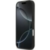 Czarne etui na telefon z widocznymi przyciskami bocznymi i otworem na aparat, z eleganckim, minimalistycznym designem. Na ekranie telefonu widoczny jest abstrakcyjny wzór z ciemnymi okręgami.