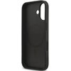 Czarne etui na telefon z wycięciem na aparat i okrągłym wzorem wewnątrz, z widocznym napisem "GUESS". Produkt ma gładką powierzchnię i otwory na przyciski boczne.