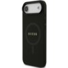 Czarne etui na telefon z teksturą saffiano, z widocznym logo "GUESS" w centralnej części oraz okrągłym wzorem MagSafe. Etui posiada wycięcia na aparat i przyciski boczne.