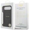 Na zdjęciu znajduje się czarne etui z logo "GUESS" w opakowaniu, na którym widnieje napis "Compatible with MagSafe" oraz tekst "NEVER STOP DREAMING!! Paul Marciano". Opakowanie zawiera również kilka ikon z opisami funkcji oraz logo "CG MOBILE".