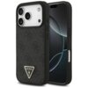 Czarne etui na telefon z teksturą i wzorem, ozdobione trójkątnym emblematem z napisem "GUESS U.S.A." oraz symbolem zapytania. Etui jest dopasowane do telefonu z trzema widocznymi obiektywami aparatu.