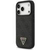 Czarne etui na telefon z teksturowanym wzorem i trójkątnym logo z napisem "GUESS U.S.A." ozdobionym strassem. Etui posiada wycięcia na trzy obiektywy aparatu oraz przyciski boczne.