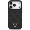 Czarne etui na telefon z teksturą w wzór 4G oraz trójkątnym logo "GUESS U.S.A." ozdobionym strassami. Etui posiada wycięcia na aparat i inne elementy telefonu.
