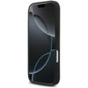 Czarne etui na telefon z wycięciami na przyciski i aparat, z widocznym ekranem telefonu z abstrakcyjnym wzorem. Produkt jest przeznaczony do modelu Apple iPhone 17 Pro.
