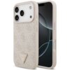 Etui na telefon w kolorze różowym z wzorem 4G i trójkątnym logo GUESS, zaprojektowane dla Apple iPhone 17 Pro, z funkcją MagSafe. Produkt ma wycięcia na aparat i przyciski oraz ozdobne elementy strass.