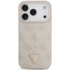 Etui na telefon w kolorze różowym z teksturą wytłoczonych wzorów, posiada trójkątne logo z napisem "GUESS U.S.A." ozdobione błyszczącymi elementami. W górnej części widoczne są trzy otwory na obiektywy aparatu oraz dwa mniejsze otwory na inne elementy.