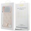 Opakowanie etui GUESS Leather 4G Triangle Strass MagSafe do Apple iPhone 17 Pro w kolorze różowym, z widocznym logo GUESS i napisem "NEVER STOP DREAMING!! Paul Marciano". Na opakowaniu znajdują się ikony przedstawiające funkcje etui oraz napis "Compatible