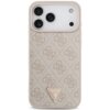 Na zdjęciu widoczne jest różowe etui na telefon z teksturą w delikatny wzór, ozdobione trójkątnym emblematem z napisem "GUESS" oraz symbolem zapytania. Etui posiada wycięcia na trzy obiektywy aparatu i lampę błyskową.