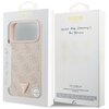 Na zdjęciu znajduje się różowe etui do telefonu z wzorem 4G i trójkątnym logo GUESS, zapakowane w pudełko z napisem "GUESS EST 1981" oraz "Compatible with MagSafe". Na opakowaniu widnieje również napis "NEVER STOP DREAMING!! Paul Marciano" oraz kilka ikon