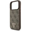 Brązowe etui do telefonu z wzorem w litery, posiada trójkątne logo z napisem "GUESS U.S.A." oraz symbolem zapytania. Etui ma wycięcie na aparat i przyciski boczne.