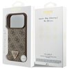 Opakowanie etui GUESS Leather 4G Triangle Strass MagSafe do Apple iPhone 17 Pro w kolorze brązowym, z widocznym logo GUESS oraz napisem "NEVER STOP DREAMING!! Paul Marciano". Na opakowaniu znajdują się również ikony przedstawiające cechy produktu, takie j