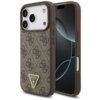Brązowe etui na telefon z wzorem 4G i trójkątnym logo "GUESS U.S.A" z napisem "?" na dole. Etui jest przeznaczone do modelu Apple iPhone 17 Pro i posiada funkcję MagSafe.