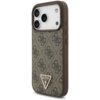 Brązowe etui na telefon z wzorem 4G i trójkątnym logo "GUESS U.S.A." z napisem "?" na dole. Etui posiada wycięcia na aparat i przyciski, a jego powierzchnia jest ozdobiona delikatnym, teksturowanym wzorem.