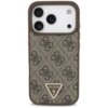 Brązowe etui na telefon z wzorem w logo, posiada trójkątne logo z napisem "GUESS U.S.A." oraz otwory na aparat i przyciski. Etui jest przeznaczone do telefonu Apple iPhone 17 Pro i obsługuje technologię MagSafe.