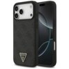 Czarne etui na telefon z teksturowanym wzorem i trójkątnym logo z napisem "GUESS U.S.A." oraz symbolem zapytania. Etui jest dopasowane do telefonu z trzema widocznymi obiektywami aparatu.