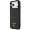Czarne etui na telefon z teksturowanym wzorem i trójkątnym logo z napisem "GUESS U.S.A." ozdobionym strassami. Etui posiada wycięcia na aparat i przyciski boczne.