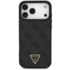 Czarne etui na telefon z teksturą w wzór 4G oraz trójkątnym logo z napisem "GUESS U.S.A." ozdobionym strassem. Etui posiada wycięcia na trzy obiektywy aparatu, lampę błyskową i dodatkowy sensor.