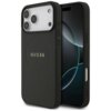Czarne etui na telefon z widocznym logo "GUESS" na tylnej części, zaprojektowane dla modelu Apple iPhone 17 Pro Max, z trzema otworami na aparaty i przyciskami po bokach. Etui posiada teksturę przypominającą skórę oraz okrągły wzór wokół logo.