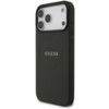 Czarne etui na telefon z widocznym logo "GUESS" w centralnej części, posiada teksturowaną powierzchnię i otwory na aparat. Etui jest przeznaczone do modelu Apple iPhone 17 Pro Max i jest kompatybilne z MagSafe.