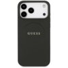 Czarne etui na telefon z widocznym logo "GUESS" na środku, posiada wycięcia na trzy obiektywy aparatu oraz dodatkowe otwory na lampę i mikrofon. Powierzchnia etui ma teksturę przypominającą skórę.