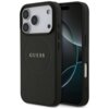 Czarne etui na telefon z teksturą skóry, z widocznym napisem "GUESS" w centralnej części. Etui posiada wycięcia na aparat i przyciski, a w tle widoczny jest ekran telefonu.