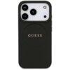 Czarne etui na telefon z teksturą, z centralnie umieszczonym napisem "GUESS" w kolorze złotym. W górnej części widoczne są trzy otwory na aparaty oraz dwa mniejsze otwory na inne elementy telefonu.