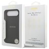 Na zdjęciu znajduje się czarne etui na telefon w opakowaniu z napisem "GUESS" oraz "Compatible with MagSafe system". Na odwrocie opakowania widnieje napis "NEVER STOP Dreaming!! Paul Marciano" oraz kilka ikon z opisami funkcji etui.
