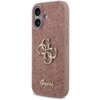 Różowe etui na telefon z brokatowym wykończeniem, ozdobione złotym logo "4G" oraz napisem "Guess" na dole. Etui posiada wycięcia na aparat i przyciski boczne.