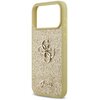 Złote etui na telefon z brokatowym wykończeniem, ozdobione metalicznym logo składającym się z liter "G" i "S". Na dole widoczny jest napis "Guess".