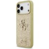 Złote etui na telefon z brokatowym wykończeniem, ozdobione metalicznym logo "4G" oraz napisem "Guess" na dole. Etui posiada wycięcia na aparat i przyciski boczne.