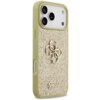 Złote etui na telefon z brokatowym wykończeniem, ozdobione metalicznym logo składającym się z liter "G" i "4G", oraz napisem "Guess" na dole. Etui ma wycięcia na aparat i przyciski boczne.