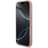 Różowe etui na telefon z wycięciami na przyciski i aparat, prezentowane na modelu telefonu z ciemnym, abstrakcyjnym tłem na ekranie. Produkt jest opisany jako "Etui GUESS Fixed Glitter Big 4G do Apple iPhone 17 Pro Różowy".