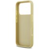 Złote etui na telefon z wycięciem na aparat, wykonane z gładkiego materiału, z widocznymi otworami na przyciski. Produkt ma prosty, elegancki design bez dodatkowych zdobień.