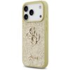 Złote etui na telefon z brokatowym wykończeniem, ozdobione metalicznym logo "4G" oraz napisem "Guess" na dole. Etui ma wycięcia na aparat i przyciski boczne.