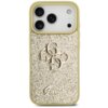 Złote etui na telefon z brokatowym wykończeniem, ozdobione metalicznym logo "4G" oraz napisem "Guess" na dole. Etui jest przeznaczone dla modelu Apple iPhone 17 Pro Max.