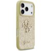 Złote etui na telefon z brokatowym wykończeniem, ozdobione dużym, wypukłym logo "4G" oraz napisem "Guess" na dole. Etui ma wycięcia na aparat i przyciski boczne.