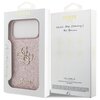 Opakowanie etui GUESS Fixed Glitter Big 4G do Apple iPhone 17 Pro Max w kolorze różowym, z widocznym logo GUESS oraz napisami "Never Stop Dreaming!! Paul Marciano". Na opakowaniu znajdują się również piktogramy przedstawiające cechy produktu, takie jak oc