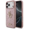 Różowe etui na telefon z brokatowym wykończeniem, ozdobione złotym logo "4G" oraz napisem "Guess" na dole. Etui jest przeznaczone do modelu Apple iPhone 17 Pro Max.