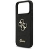 Czarne etui na telefon z teksturą brokatu, ozdobione złotym logo składającym się z liter "G" i "U" oraz napisem "Guess" na dole. Po bokach etui znajdują się przyciski.