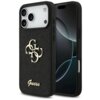 Czarne etui na telefon z widocznym złotym logo "Guess" oraz ozdobnym wzorem z literami "G" i "4G". Etui jest założone na telefon z trzema obiektywami aparatu.