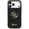 Czarne etui na telefon z brokatowym wykończeniem, ozdobione złotym logo składającym się z liter "G" i "C" oraz napisem "Guess" na dole. W górnej części widoczne są trzy otwory na aparaty i jeden na lampę błyskową.