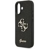 Czarne etui na telefon z teksturą, ozdobione złotym logo składającym się z liter "G" i "U" oraz napisem "Guess" na dole. Etui ma wycięcia na aparat i przyciski boczne.