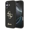 Czarne etui na telefon z widocznym złotym logo "Guess" oraz ozdobnym wzorem z literami "G" i "4G". Etui jest założone na telefon, którego ekran jest częściowo widoczny.