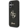 Czarne etui na telefon z teksturą, ozdobione złotym logo składającym się z liter "G" i "C" oraz napisem "Guess" na dole. Etui posiada wycięcia na aparat i przyciski boczne.