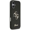 Czarne etui na telefon z teksturą brokatu, ozdobione złotym logo składającym się z liter "G" oraz napisem "Guess" na dole. Etui posiada wycięcia na aparat i przyciski boczne.