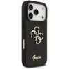 Czarne etui na telefon z błyszczącą powierzchnią, ozdobione złotym logo składającym się z liter "G" oraz napisem "Guess" na dole. Etui posiada wycięcia na aparat i przyciski boczne.