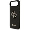 Czarne etui na telefon z brokatowym wykończeniem, ozdobione metalowym logo składającym się z czterech liter "G" oraz napisem "Guess" na dole. Etui ma wycięcie na aparat i przyciski boczne.